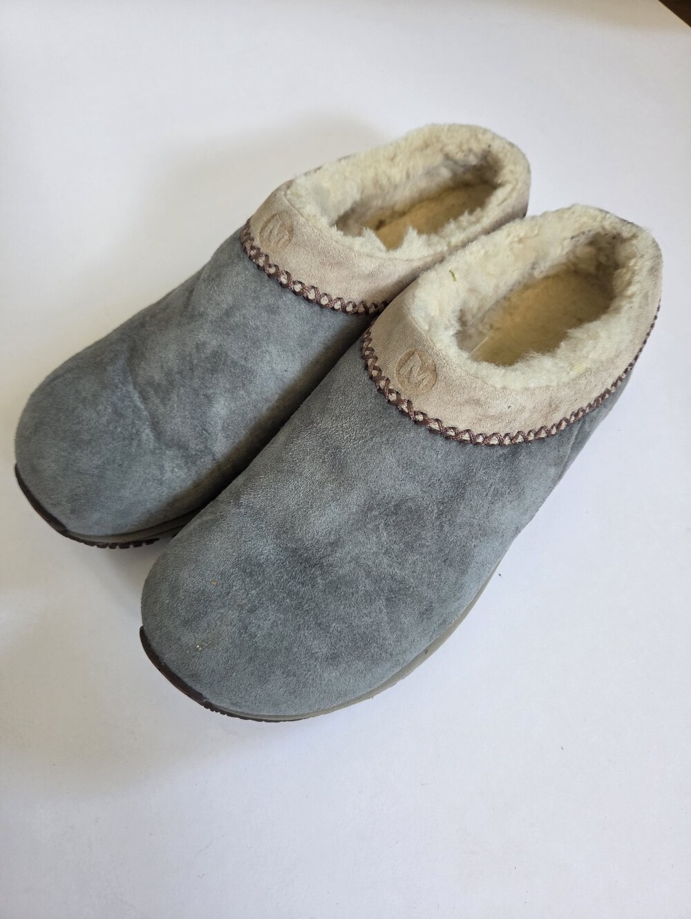 Merrell Encore Chill Clogs Smokey Gray stone wash Suede Faux Fur Lined Mules 9.5